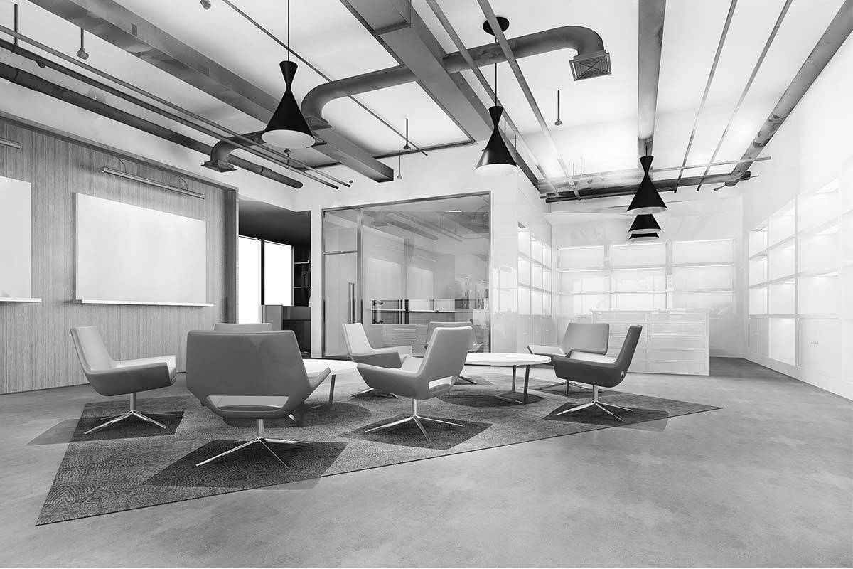 modern office lounge area that has a white board. Modern leather chairs in an industrial style room